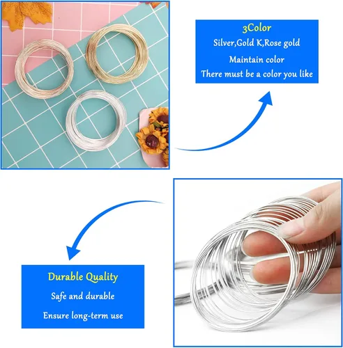 Miniatura 4 de 300 piezas de alambre de cuentas de joyería para hacer pulseras, 3 colores de memoria, alambre de cuentas de alambre para manualidades, pulseras