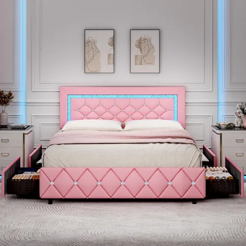 Miniatura 8 de Base de cama tamaño queen con luces LED, plataforma tapizada con cajones de almacenamiento, cama princesa con cabecera y cabecera de diamante,