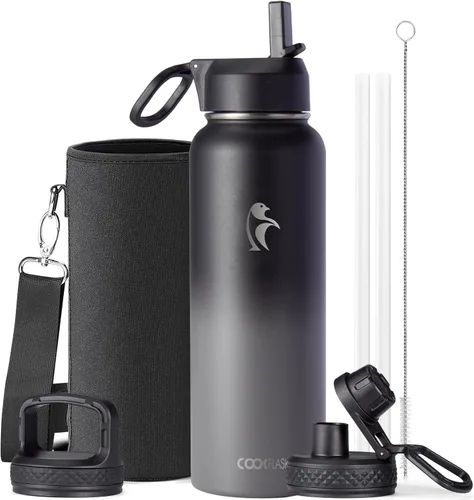 Miniatura 19 de Coolflask Botella de agua de 20 onzas aislada con pajilla, 3 tapas de metal de acero inoxidable, botella de agua de boca ancha para deportes u