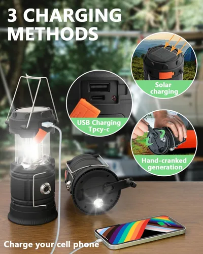 Miniatura 5 de Linterna solar de campamento con manivela, linterna LED ultra brillante portátil de gran capacidad, cargador USB, linterna electrónica
