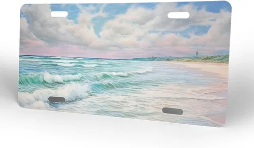 Miniatura 46 de Placa personalizada de licencia, placas decorativas personalizadas para el frente del automóvil con palmeras de playa y océano, placas de licencia