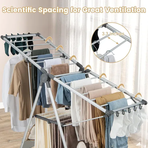 Miniatura 8 de Tangkula Estante de secado de ropa plegable, estante de secado de aluminio de 2 capas que ahorra espacio con alas ajustables, estante de secado