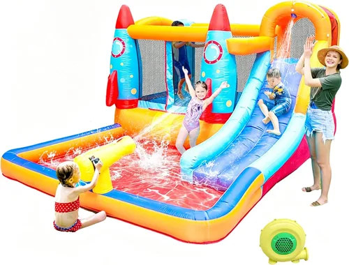 Miniatura 13 de Casa inflable de rebote de tobogán acuático para niños, casa inflable para patio trasero con tobogán acuático para regalo (ventilador incluido)