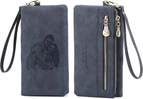 Billeteras de fotos personalizadas para mujer, de cuero plegable con bolsillo con cremallera para mujer, multifuncional, larga tarjeta de crédito