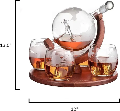 Miniatura 9 de Decantador del mundo grabado con globo de whisky, juego de regalo de whisky The Wine Savant con avión antiguo, piedras de whisky y 4 vasos de mapa