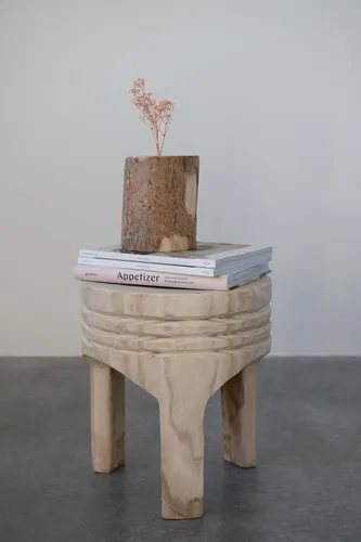 Miniatura 13 de Creative Co-Op Taburete de madera de Paulownia tallada a mano, estilo bohemio, natural