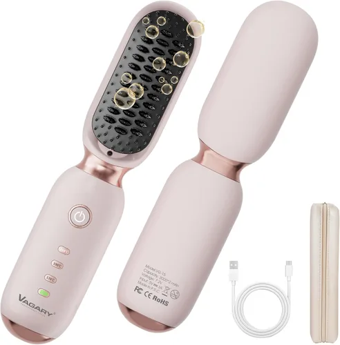 VAGARY Cepillo alisador de cabello inalámbrico, cepillo alisador portátil para viajes, calor rápido de 30 segundos, 3 ajustes de temperatura, 300