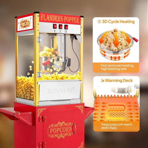 Miniatura 4 de ROVSUN Máquina de palomitas de maíz estilo cine con carrito y ruedas, hervidor de 10 onzas que hace hasta 4 galones para hacer palomitas de maíz