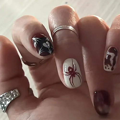 Miniatura 12 de Uñas postizas a presión degradadas con purpurina de longitud corta, uñas postizas en forma de ataúd con diseño de hojas de corazón, 24 uñas postizas