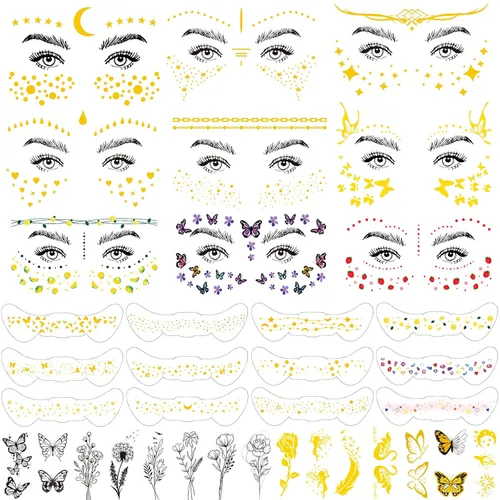 JEEFONNA 60 hojas de tatuajes temporales para la cara, tatuajes falsos metálicos para mujeres, hombres, niños, impermeables, festivales, cosplay,