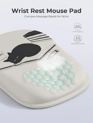 Miniatura 3 de Alfombrilla de mouse ergonómica con bonito diseño de gato negro, para aliviar el dolor del túnel carpiano, área de mouse 65% utilizable, 01 Lindo