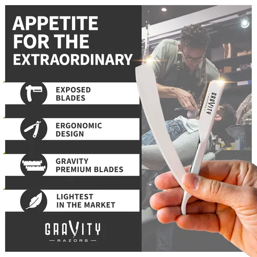 Miniatura 3 de Kit de navaja de afeitar recta profesional GRAVITY RAZORS – Ultra Exposición, incluye 10 cuchillas premium, 2 mm expuestas, blanco