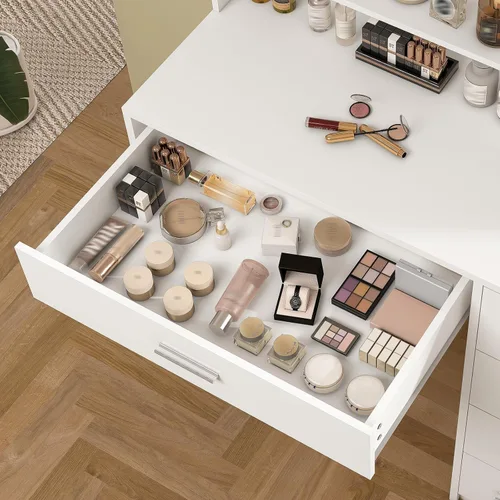 Miniatura 6 de FIONESO Escritorio grande con espejo y luces, tocador de maquillaje con 11 cajones y 6 estantes abiertos, 3 modos de iluminación, brillo ajustable