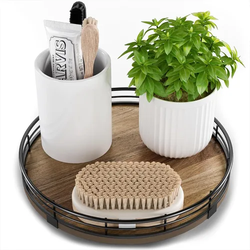 Bandeja giratoria de tocador de Acacia de 9" para baño, organizador redondo de encimera de baño estilo granja para jabón y perfume, organizador