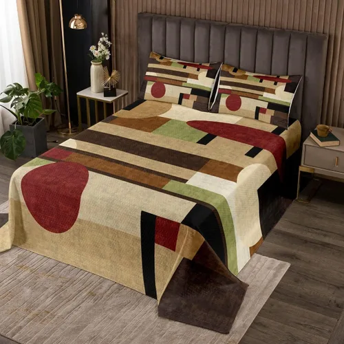 Miniatura 2 de Juego de colcha abstracta tamaño King para niños, niñas, color rojo, marrón, verde, juego de edredón de estilo retro, colcha de rayas cuadradas de 3