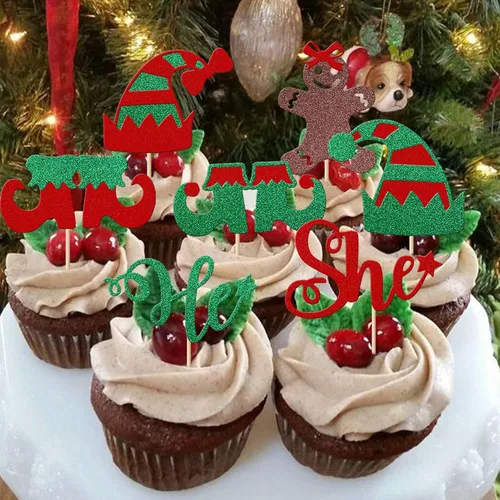 Miniatura 7 de Paquete de 24 Adornos para Cupcakes de Feliz Navidad, Adornos para Cupcakes para Revelación de Género, Adornos para Cupcakes de Árbol de Navidad, 5