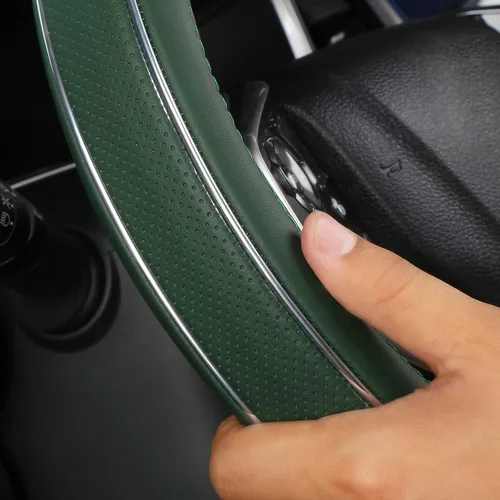 Miniatura 2 de ALEMODR Funda de cuero verde para volante con tira de fibra, funda universal para volante de coche de 38 cm