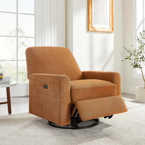 VANOMi Silla reclinable giratoria eléctrica, silla reclinable mecedora eléctrica para cuarto de bebé, cargador USB y tipo C, curry Boucle