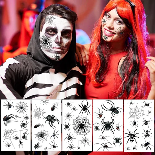 Miniatura 5 de XIYOKA 80 piezas de tatuajes temporales de telaraña de Halloween, kit de maquillaje de Halloween para mujeres adultas, tatuajes faciales realistas