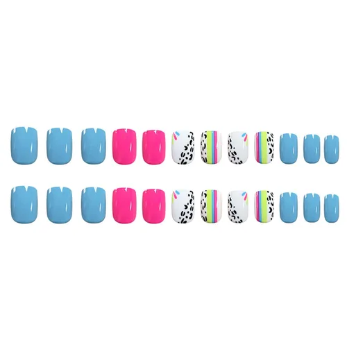 Miniatura 3 de Uñas postizas cortas a presión, uñas acrílicas cuadradas, coloridas de cobertura completa, uñas adhesivas brillantes en líneas, uñas reutilizables