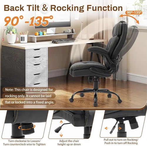 Miniatura 4 de Silla de oficina de masaje, sillas de escritorio ergonómicas mecedoras de 500 libras con 4 puntos de vibración y calor, reposabrazos abatibles Pu