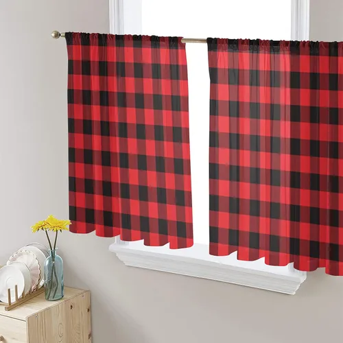 Miniatura 9 de Cortinas traslúcidas para camión rojo de Navidad de 45 pulgadas de largo, juego de 2 paneles de tablero de madera retro rústico con cuadros