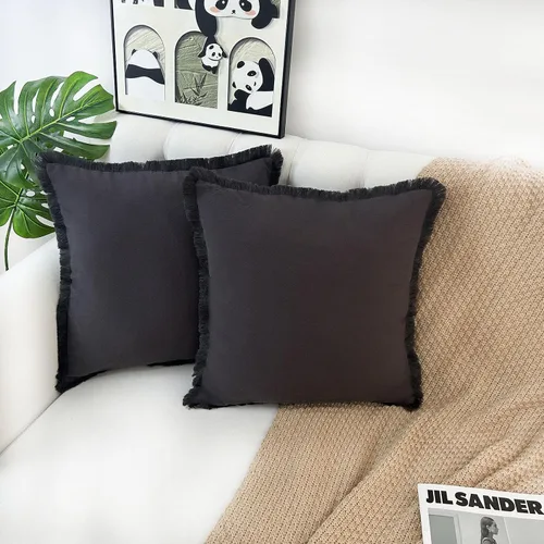 Miniatura 7 de Juego de 2 fundas de almohada decorativas marrones de 18 x 18 pulgadas, fundas de almohada modernas de granja con borlas de flecos, suaves
