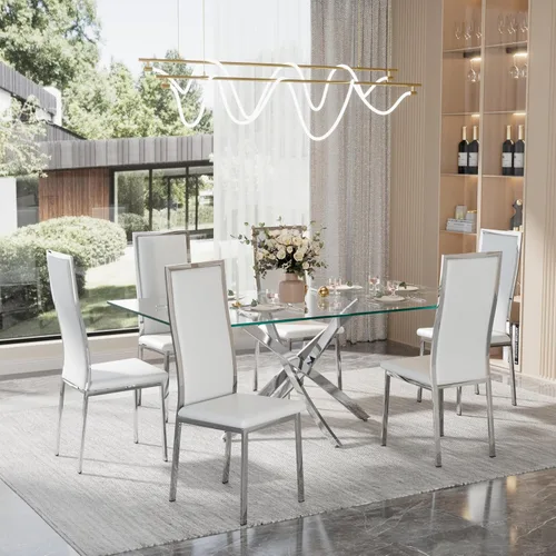 Miniatura 26 de Juego de 4 sillas de comedor modernas, de piel sintética blanca con patas de metal cromado dorado, diseño de respaldo alto curvo y acolchado