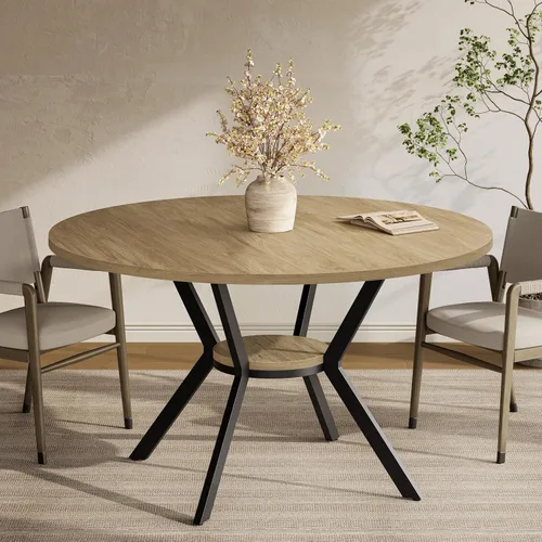 MECHYIN Mesa de comedor redonda de 42 pulgadas para 2 a 4, mesa de cocina redonda de granja con estante de almacenamiento, mesa de comedor con