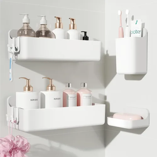 Miniatura 33 de Nieifi Estante adhesivo de pared, estantes de ducha, organizador de ducha para organización de baño (A-transparente, 2 piezas)