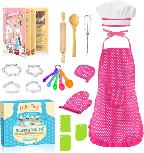 Toyze Regalos para niñas de 3 a 8 años, juego de cocina para niños con delantal, sombrero de chef, libro de cocina, 20 unidades, color rosa