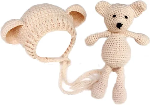 Accesorios de fotografía para recién nacidos, sombrero de oso, sesiones de fotos de bebé, trajes de fotos para posar fotos de ganchillo, oso muñeca