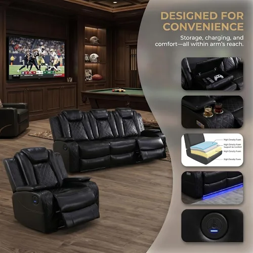 Miniatura 4 de Juego de sofá reclinable eléctrico de cuero de 3 piezas para sala de estar con puertos USB, iluminación ambiental LED y consola de almacenamiento