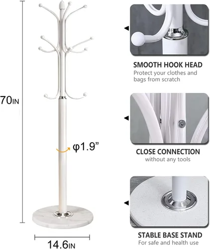 Miniatura 5 de Kertnic Perchero de pie de metal con base de mármol natural, árbol de pasillo independiente con 12 ganchos para colgar bufanda, bolso, chamarra