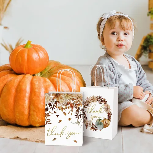 Miniatura 6 de AnyDesign 12 bolsas de regalo de agradecimiento de hojas de otoño con asa, bolsa de papel de otoño de lámina dorada para Acción de Gracias, boda