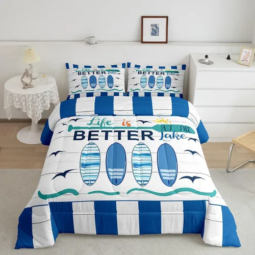 Erosebridal Juego de edredón náutico para niños y niñas, ropa de cama azul y blanco océano, tamaño individual, juego de edredón de tabla de surf