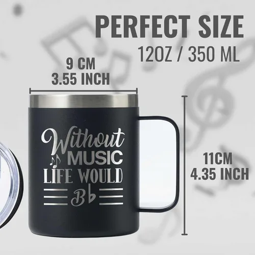 Miniatura 4 de Onebttl Regalos para Amantes de la Música para Hombres, Masculino, Para Él - Sin Música la Vida Sería Plana - 12 oz / 350 ml Tazas Aisladas con Tapa