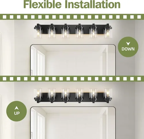 Miniatura 7 de Luces de tocador, lámparas de baño de 38 pulgadas sobre espejo, 6 luces de tocador de baño con pantalla de vidrio transparente, lámparas de pared