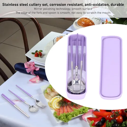 Miniatura 6 de Juego de cubiertos de viaje, 5 piezas de utensilios portátiles con funda de bolsa, juego de cubiertos reutilizables de acero inoxidable, cuchara