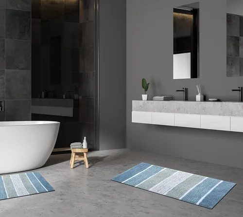 Miniatura 2 de Chardin Home - Juego de tapetes de baño rayados, 100% puro algodón (2 unidades, 24" x 40" y 21" x 34"), con base de látex antiderrapante