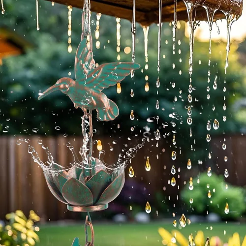 Miniatura 2 de shumi Cadena de lluvia de 8.8 pies para canalones exteriores, cadena de lluvia de colibrí con 12 copas de cadena de lluvia de loto de cobre