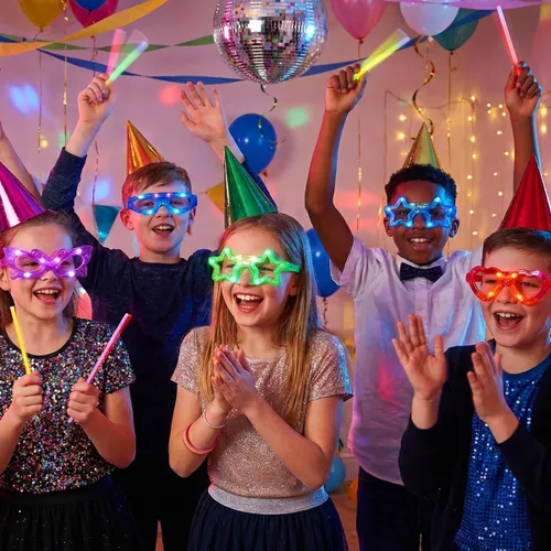 Miniatura 7 de Paquete de 24 lentes LED para niños, suministros de fiesta que brillan en la oscuridad, 6 luces LED, 6 formas, gafas de fiesta intermitentes