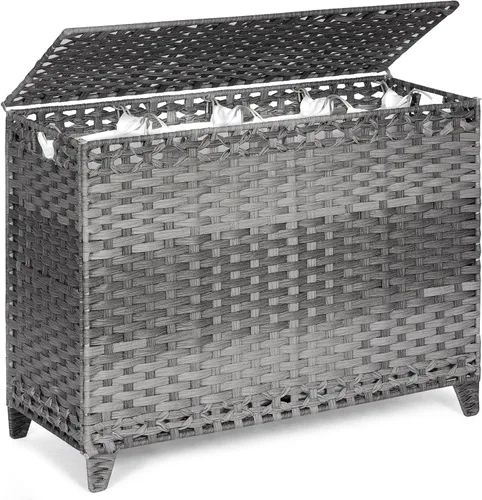 Miniatura 10 de Cesta para ropa sucia con 3 bolsas de forro extraíbles; cesta de lavandería de ratán tejida a mano de 132L con tapa y pies elevados; cesta de ropa