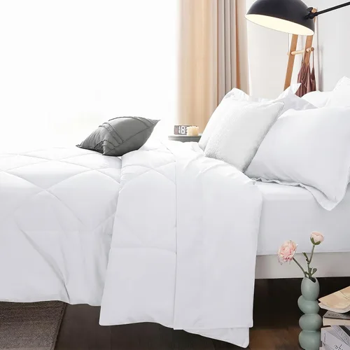 Miniatura 9 de CozyLux Juego de edredón tamaño matrimonial, blanco, toda la ropa de cama en una sola bolsa, 7 piezas: edredón de relleno alternativo, sábanas