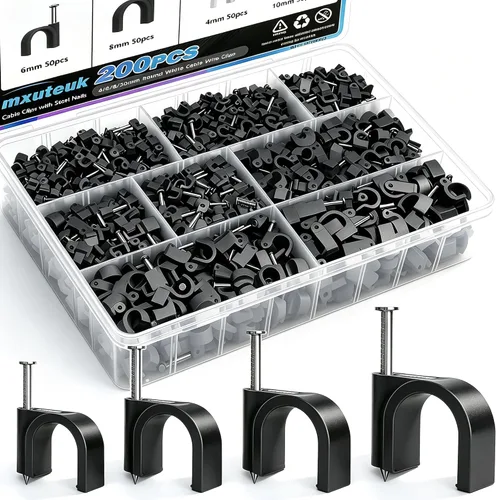 mxuteuk 200 piezas de clips para cables con clavos de acero, clips para cables redondos negros de 4/6/8/10 mm, clips de pared para cables, clips
