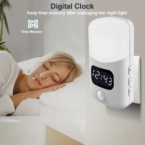 Miniatura 2 de LUXON Luz nocturna LED con sensor de movimiento con reloj despertador digital, reloj de baño enchufable a la pared 4000 K blanco cálido, sensor