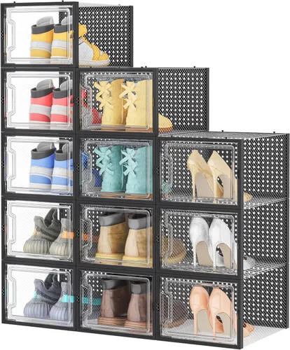 Miniatura 11 de HOMIDEC Almacenamiento de zapatos, paquete de 12 organizadores de zapatos para armario, cajas de zapatos apilables de plástico transparente