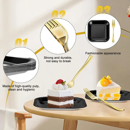 Miniatura 3 de Dandat 100 platos pequeños de papel negro de 7 pulgadas, platos cuadrados desechables para tartas con tenedores de postre de plástico, vajilla