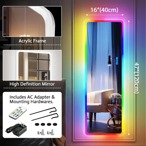 Miniatura 2 de Vlsrka Espejo de longitud completa de 47x16 pulgadas con luces RGB, espejo iluminado LED para colgar sobre la puerta, cuerpo completo, iluminación