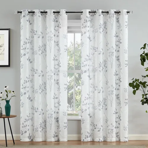 Miniatura 19 de Beauoop 2 paneles de cortinas semitraslúcidas de lino floral de 54 pulgadas de largo, para sala de estar o dormitorio, cortinas rústicas con textura